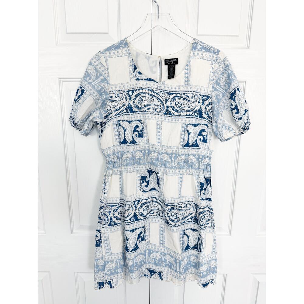 Wrangler Retro Paisley Bandana Print Scallop Hem Mini Dress Blue White